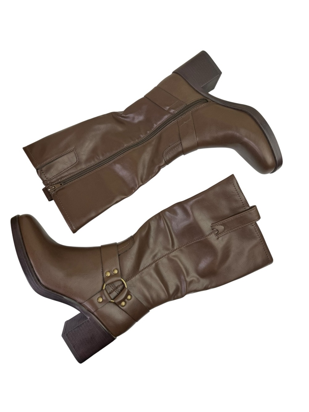 Frye & Co Nica Motorcycle Boots Brown Stacked Heel Harness Buckle NEW Size 7.5